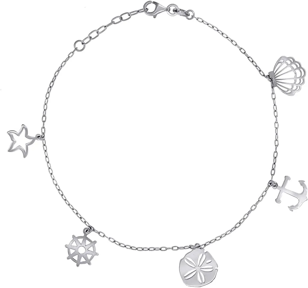 JewelryWeb 925 Sterling Silver Womens Ocean Life Charms Anklet 10 Inch 16.2mm Long-Anklet for Women