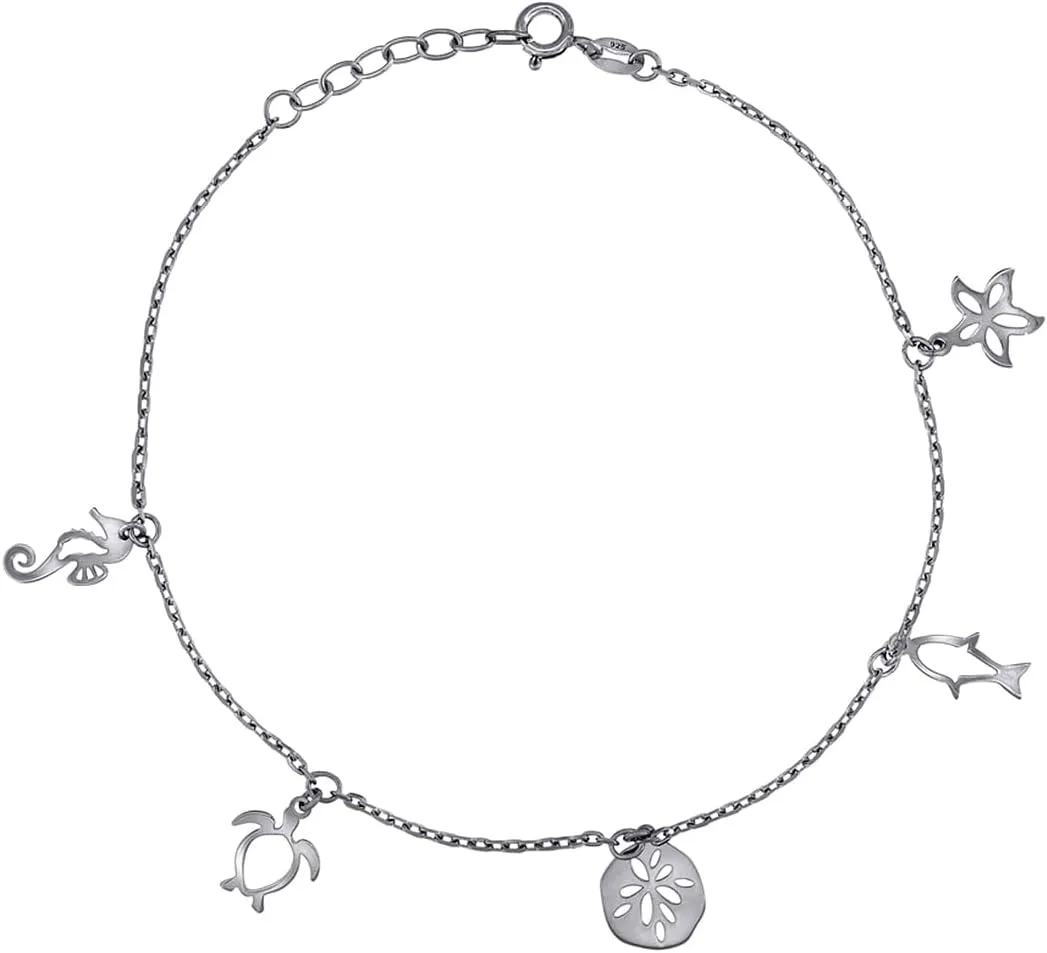 JewelryWeb 925 Sterling Silver Womens Ocean Life Charms Anklet 10 Inch-Anklet for Women