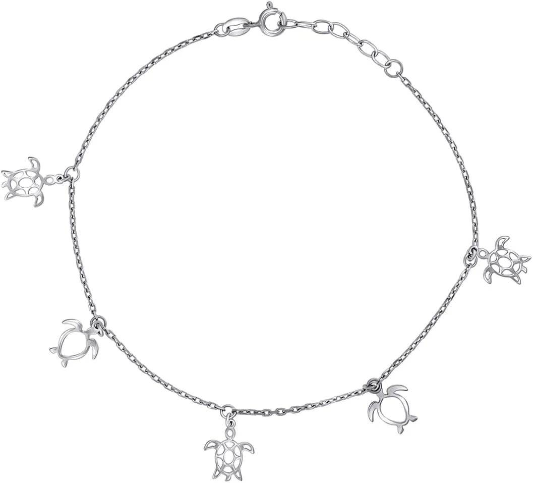 JewelryWeb 925 Sterling Silver Womens Ocean Life Turtle Charms Anklet 10 Inch-Anklet for Women
