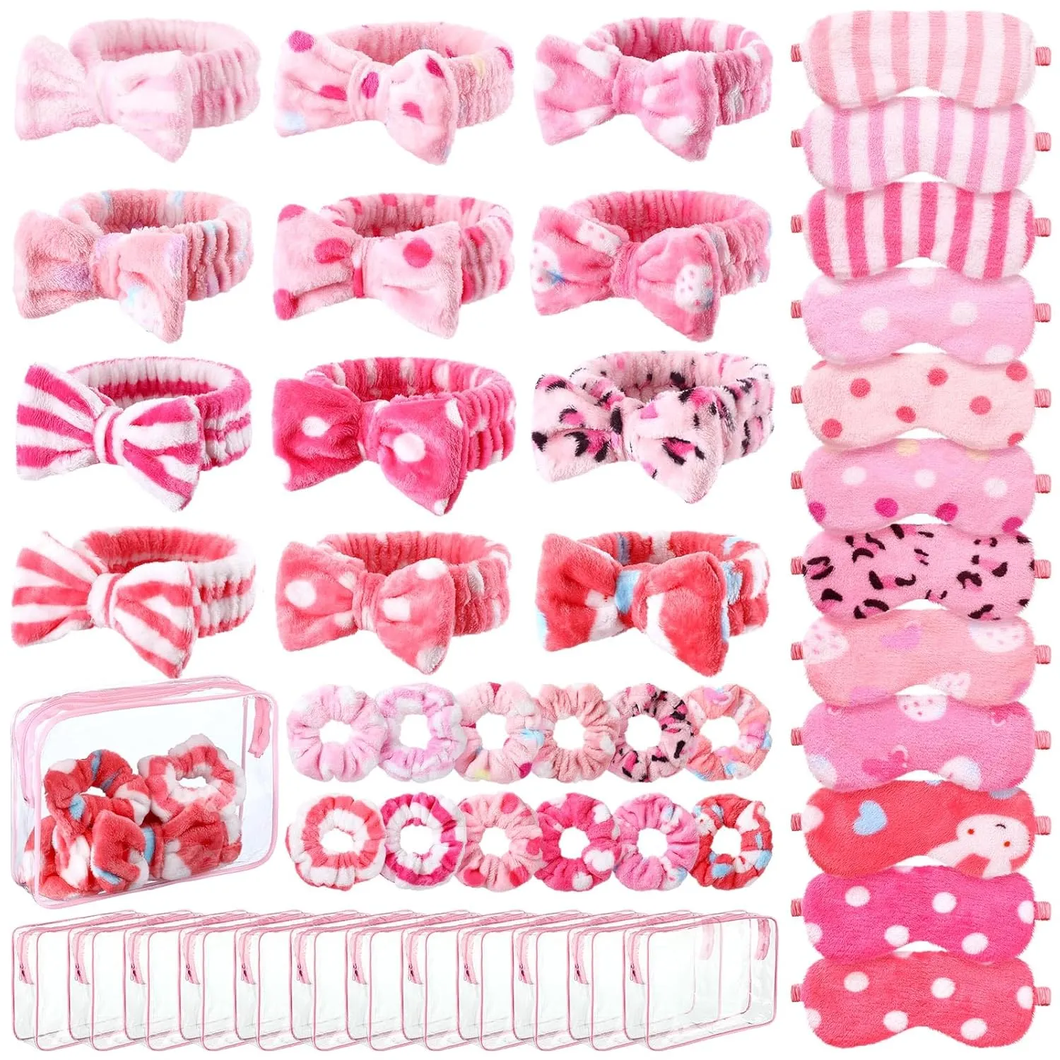 Kajaia 48 Pcs Sleepover Party Supplies for Women Slumber Party Supplies for Girls Spa Favor Headband Eye Mask Hair Scrunchies Toiletry Bag(Pink,Lovely)