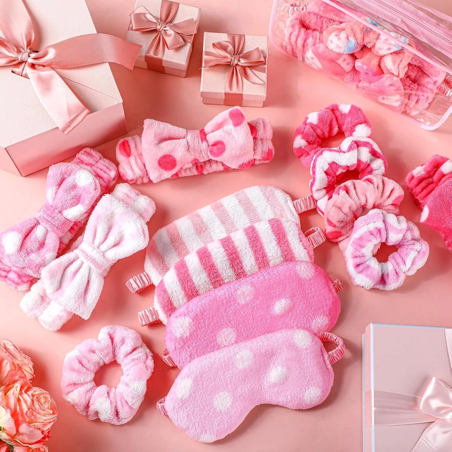Kajaia 48 Pcs Sleepover Party Supplies for Women Slumber Party Supplies for Girls Spa Favor Headband Eye Mask Hair Scrunchies Toiletry Bag(Pink,Lovely)