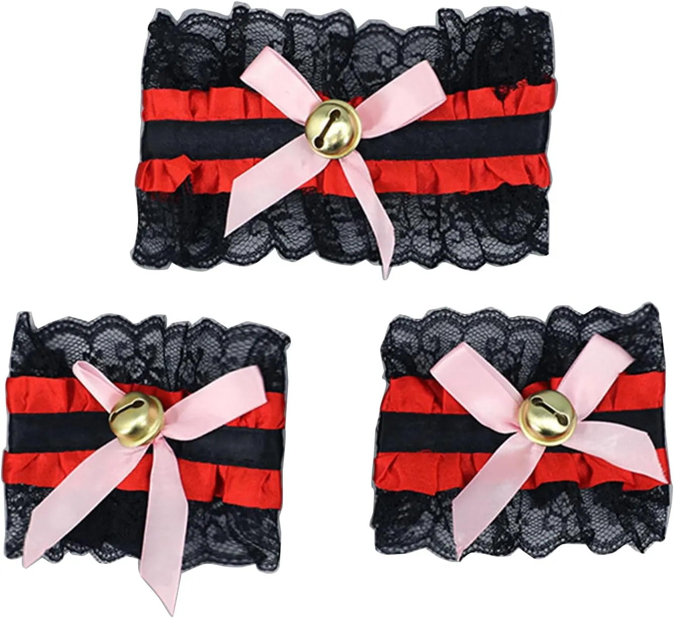 Lace Chokers Lace Bowknot Choker Necklaces with Bells Stretch Collar Chokers Ribbon Necklaces Cosplays Maid Collar Sets