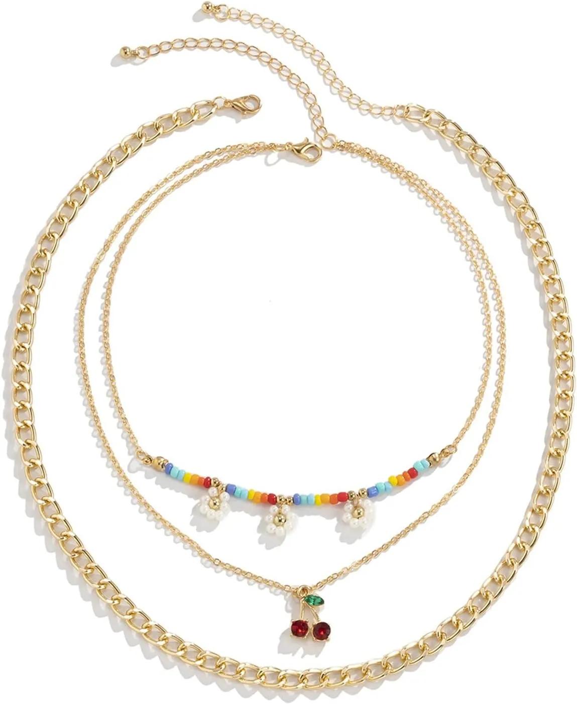 Layered Necklace, Dainty Layered Necklaces for Women Cherry Daisy with Rhinestones Pendant Chain Necklaces Jewelry Gifts for Birthday Wedding, 3 Pieces, Gold