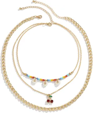 Layered Necklace, Dainty Layered Necklaces for Women Cherry Daisy with Rhinestones Pendant Chain Necklaces Jewelry Gifts for Birthday Wedding, 3 Pieces, Gold