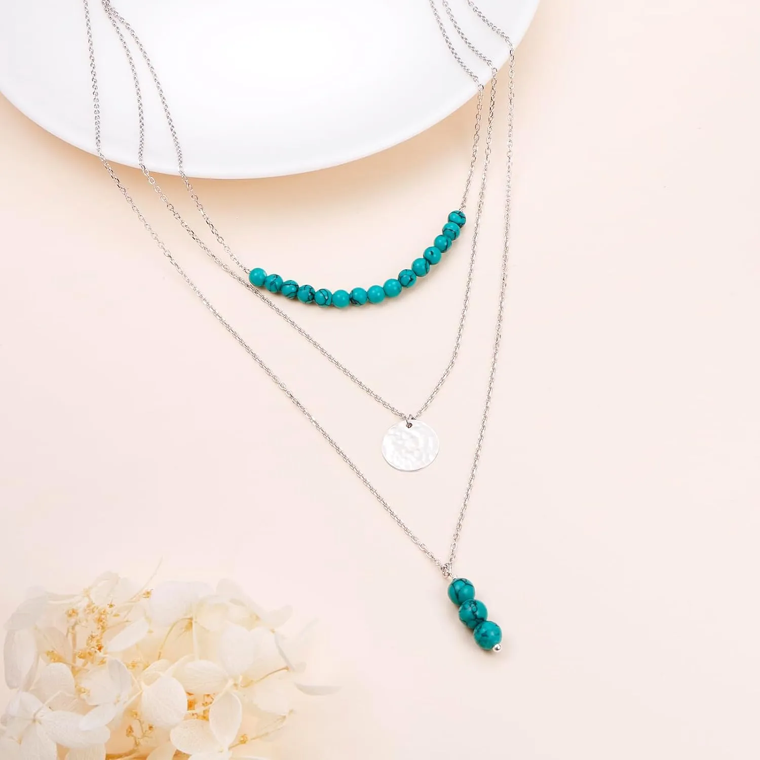 Layered Necklaces for Women Sterling Silver Turquoise Necklace Three Layer Dot Pendant Multilayer Long Necklace Turquoise Choker Chain Adjustable Teen Girls Jewelry