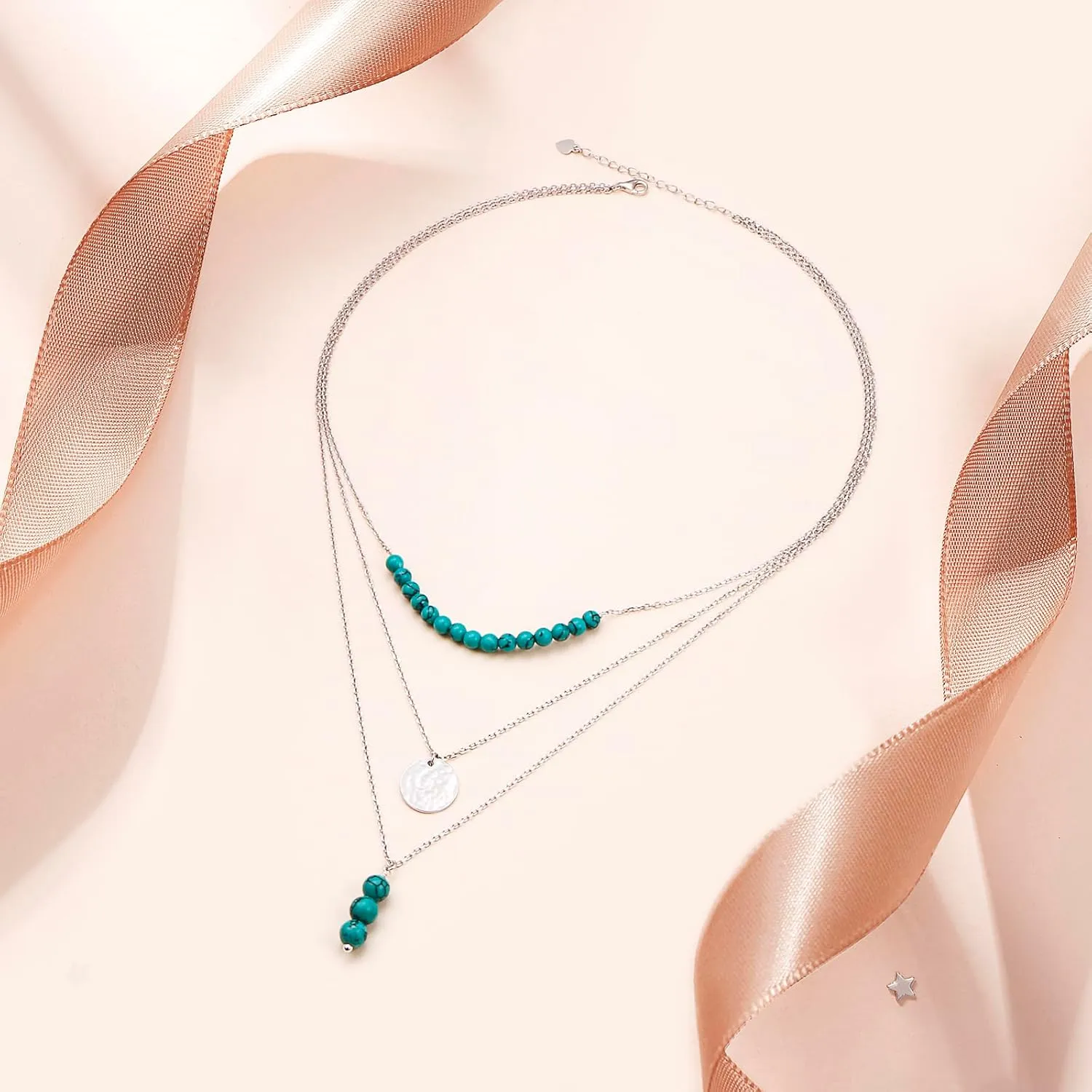 Layered Necklaces for Women Sterling Silver Turquoise Necklace Three Layer Dot Pendant Multilayer Long Necklace Turquoise Choker Chain Adjustable Teen Girls Jewelry