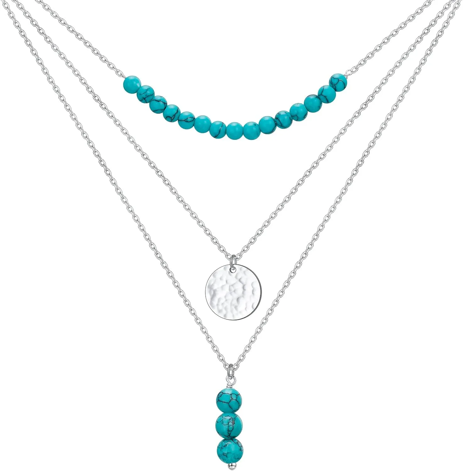 Layered Necklaces for Women Sterling Silver Turquoise Necklace Three Layer Dot Pendant Multilayer Long Necklace Turquoise Choker Chain Adjustable Teen Girls Jewelry