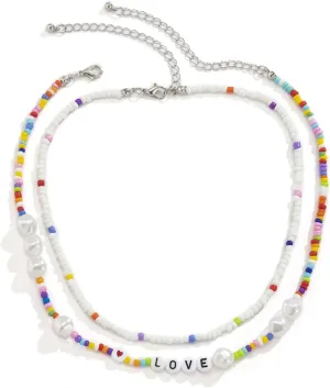 Layering Necklaces, Dainty Layered Choker Necklace Beads Pearl Letters Heart Pendant Chain Necklaces Jewelry for Women, 2 Pieces, Silver