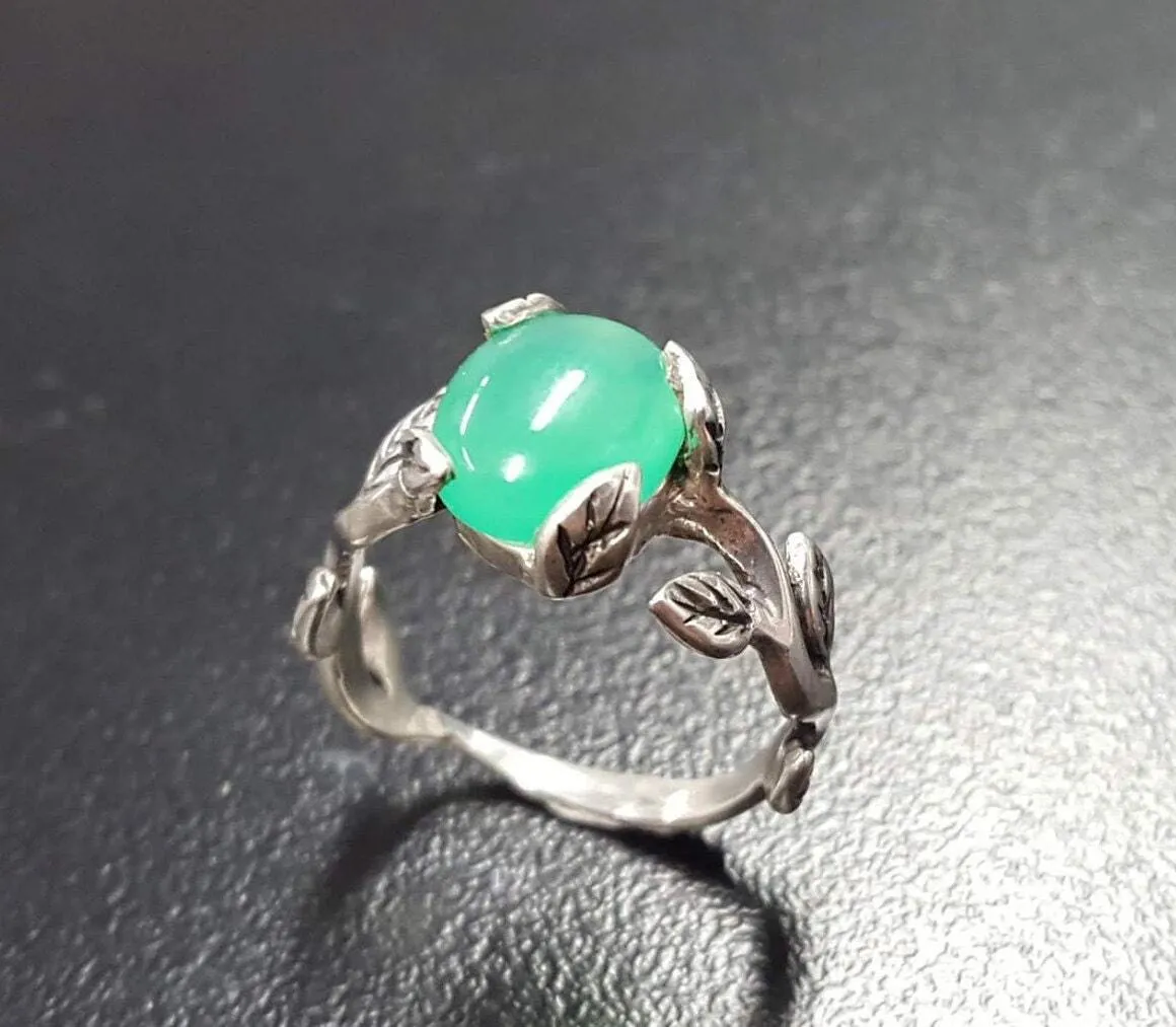 Leaf Chrysoprase Ring - Green Solitaire Ring - Vintage Leaf Ring