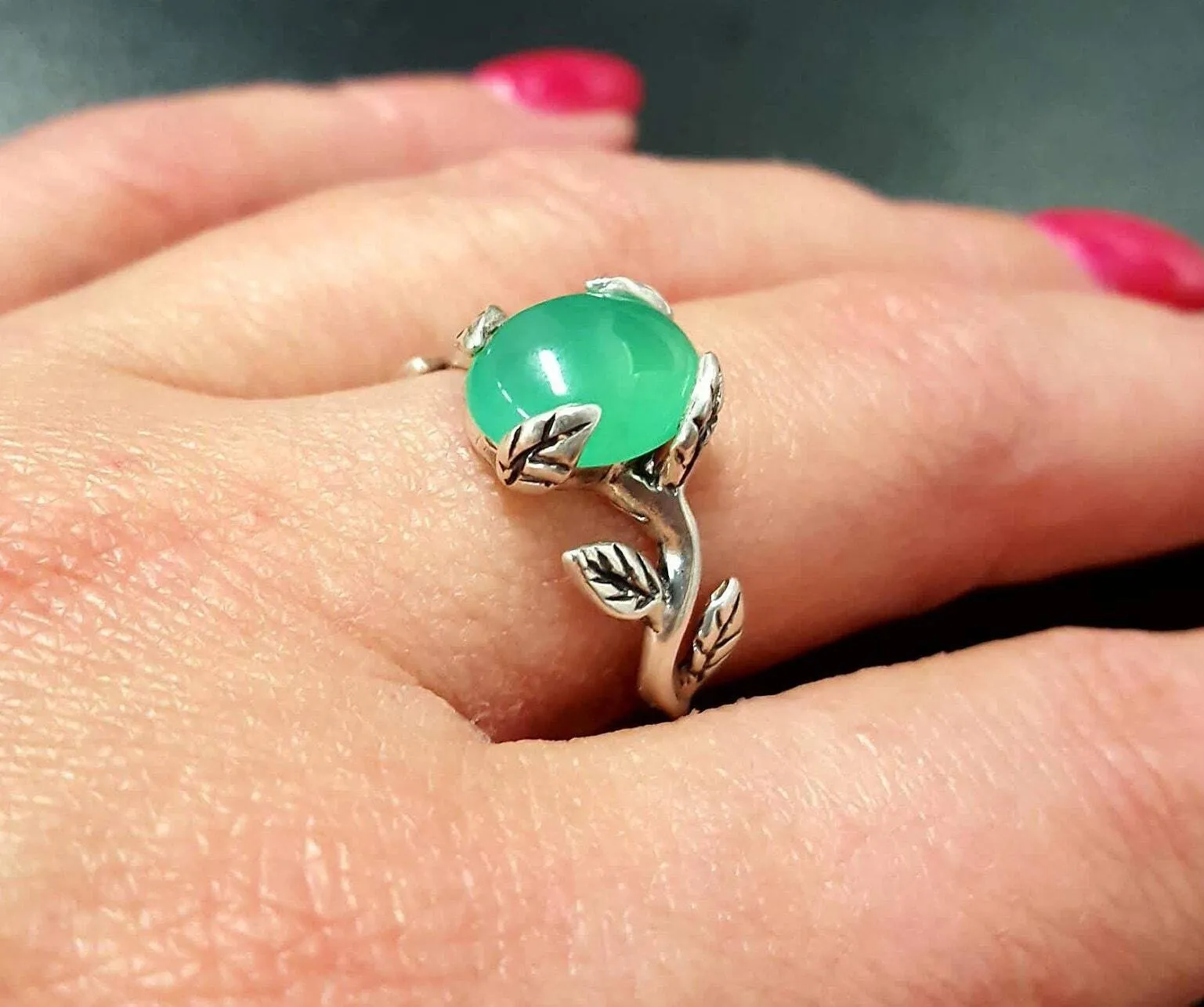 Leaf Chrysoprase Ring - Green Solitaire Ring - Vintage Leaf Ring