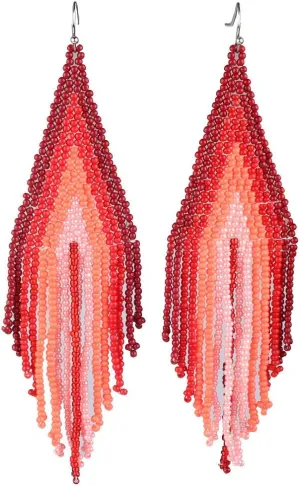 Long Beaded Dangle Earrings ??Boho Native Handmade Seed Bead Tassel Earrings for Women, Bohemian Large Statement Beaded Drop Fringe Earrings