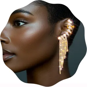 Long Tassel Dangle Drop Earrings Gold Sparkly Rhinestone Wrap Around Earrings Boho Statement Ear Cuffs Ear Jewelry (C)
