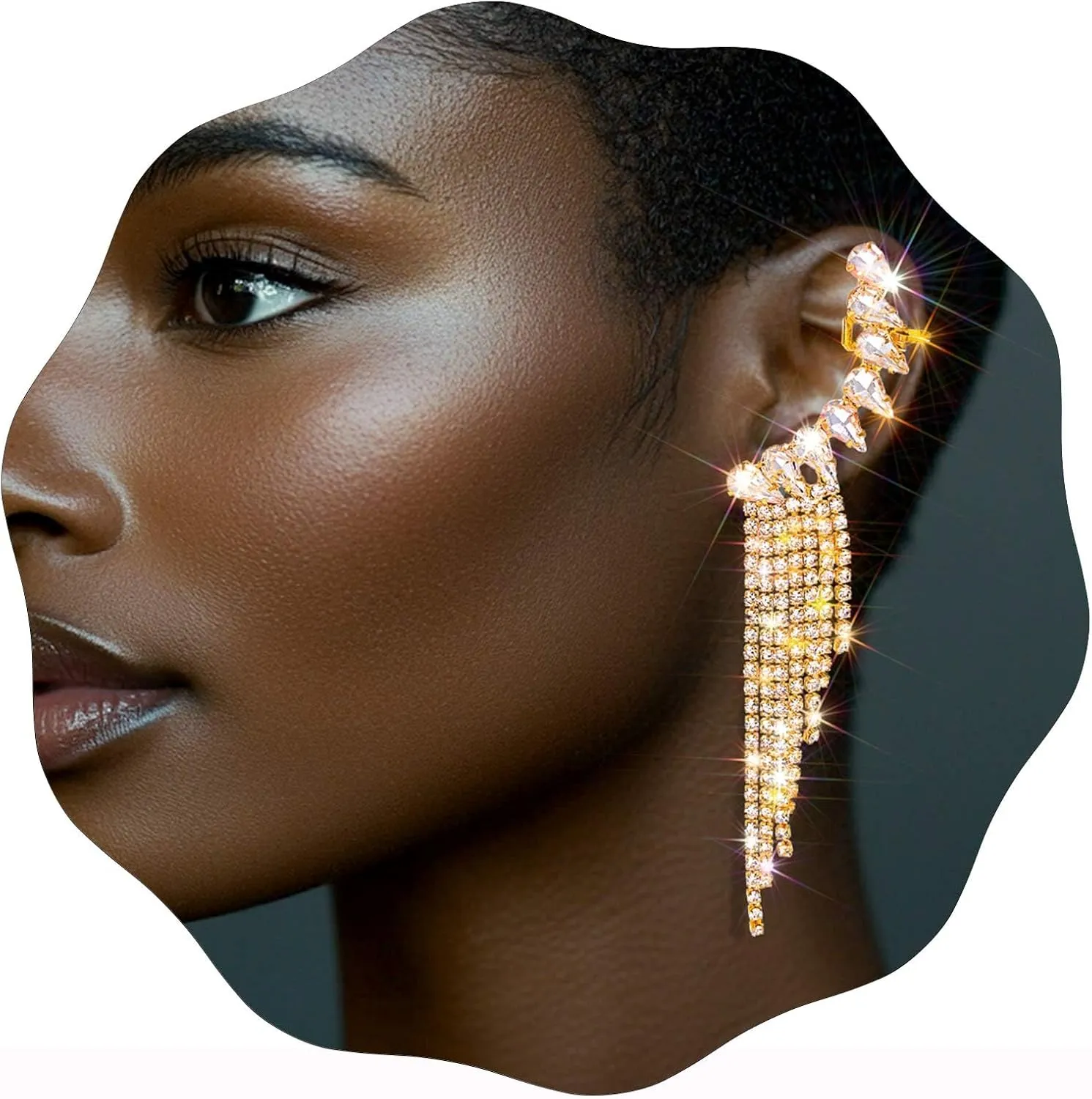 Long Tassel Dangle Drop Earrings Gold Sparkly Rhinestone Wrap Around Earrings Boho Statement Ear Cuffs Ear Jewelry (C)