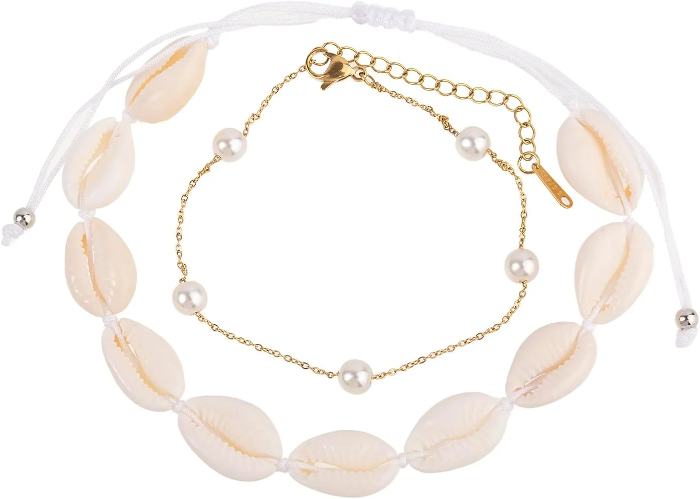 LUBINGSHINE Shell Ankle Bracelets Set for Women Boho Handmade Gold Plated Imitation Pearl Chain Stainless Steel Anklet Set Waterproof Beach Jewelry