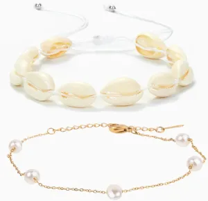 LUBINGSHINE Shell Ankle Bracelets Set for Women Boho Handmade Gold Plated Imitation Pearl Chain Stainless Steel Anklet Set Waterproof Beach Jewelry