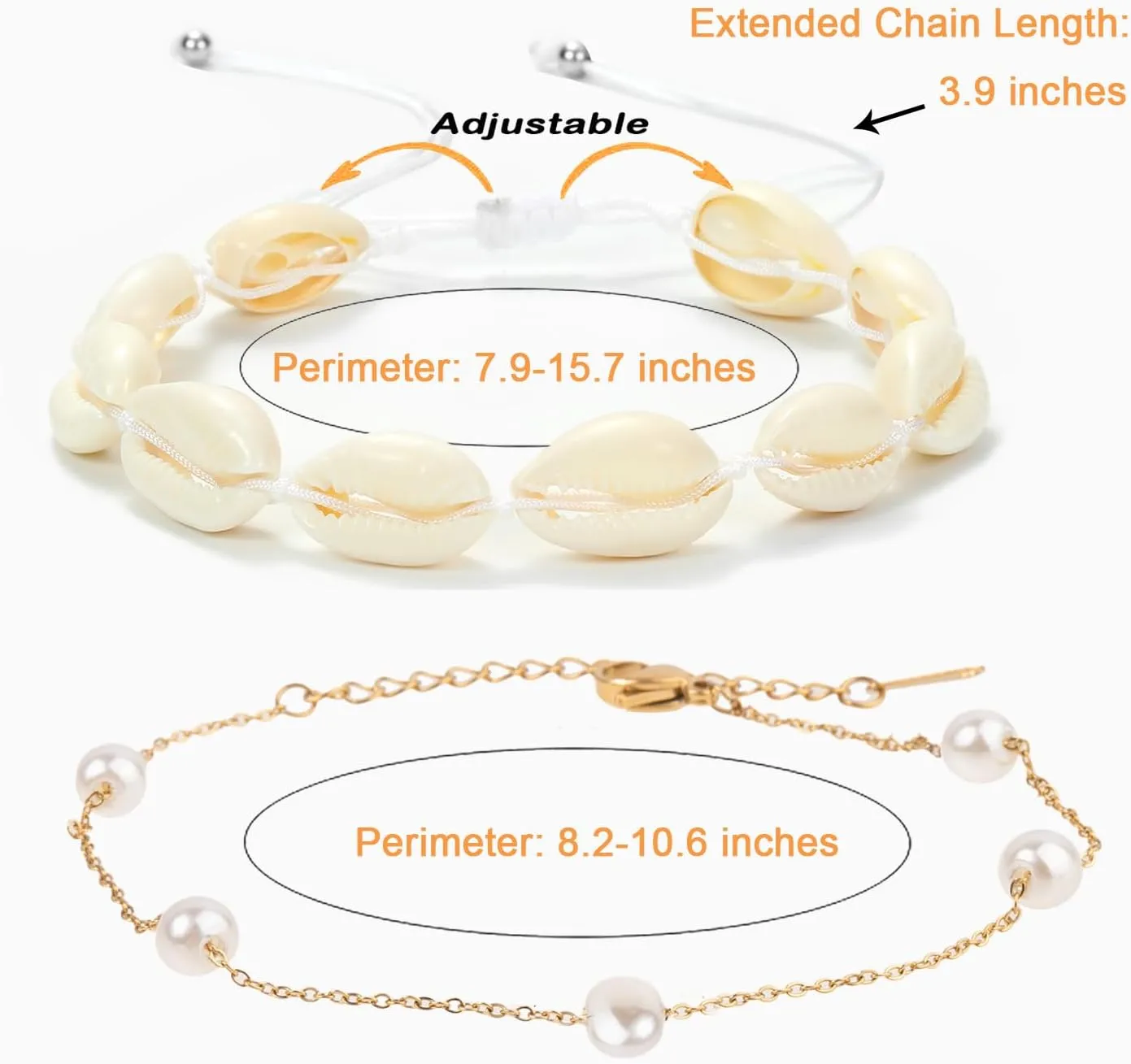 LUBINGSHINE Shell Ankle Bracelets Set for Women Boho Handmade Gold Plated Imitation Pearl Chain Stainless Steel Anklet Set Waterproof Beach Jewelry