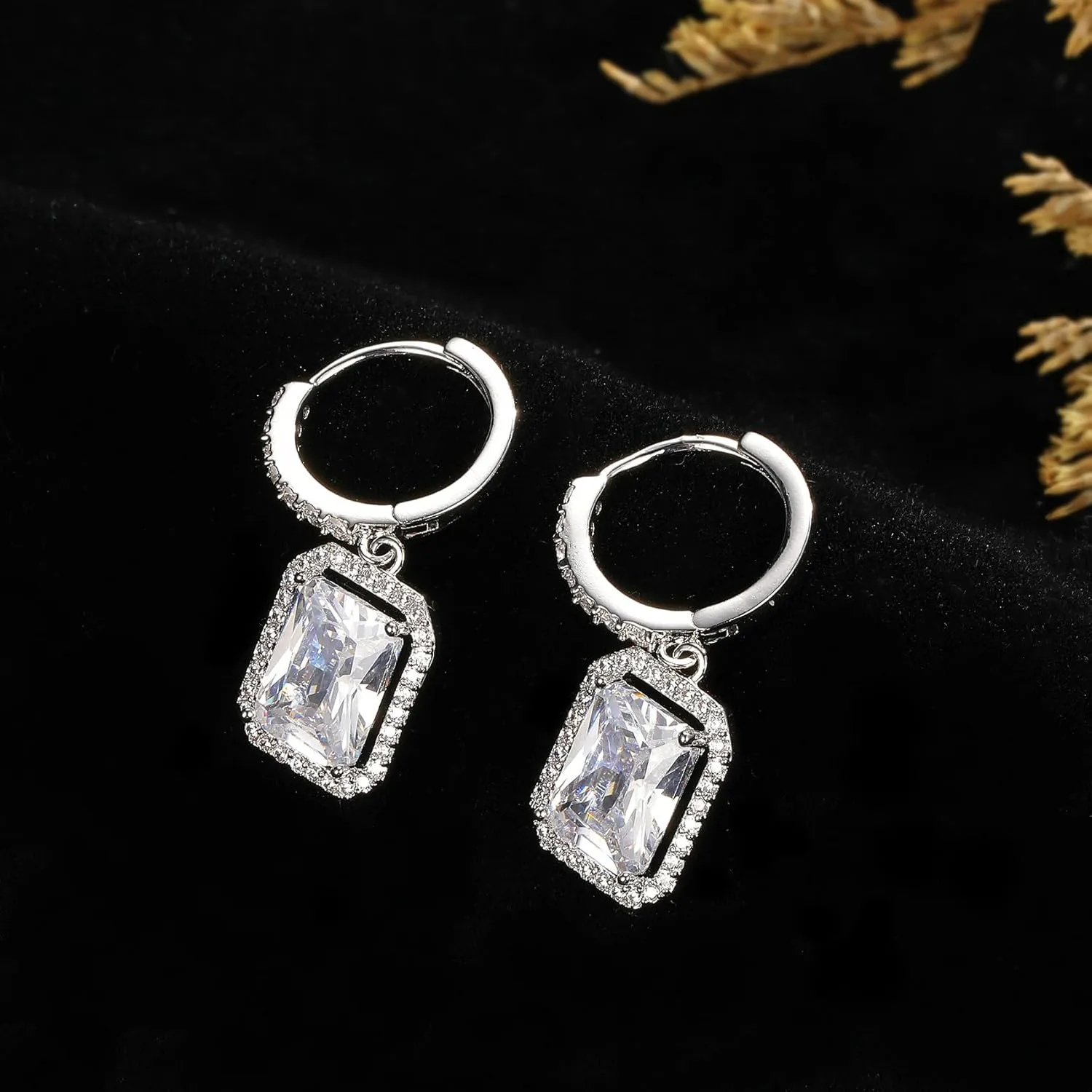 MDFUN Hoop Dangle Earrings 18K White Gold Plated Round Princess Halo Heart Rectangle Triangle Cut Clear Cubic Zirconia Drop Earrings for Women Hypoallergenic