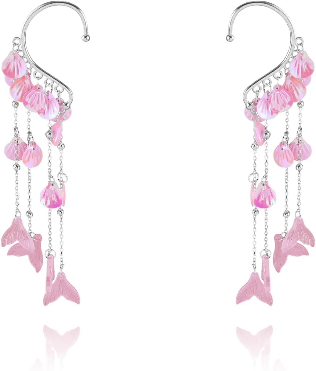 Mermaid Elf Ear Cuffs Earrings Pink Mermaid Ear Cuffs Earrings Pearl Tassel Elven Ear Cuffs Clips No Piercing Mermaid Fairy Earrings Christma Mermaid Costume Cosplay Accessories