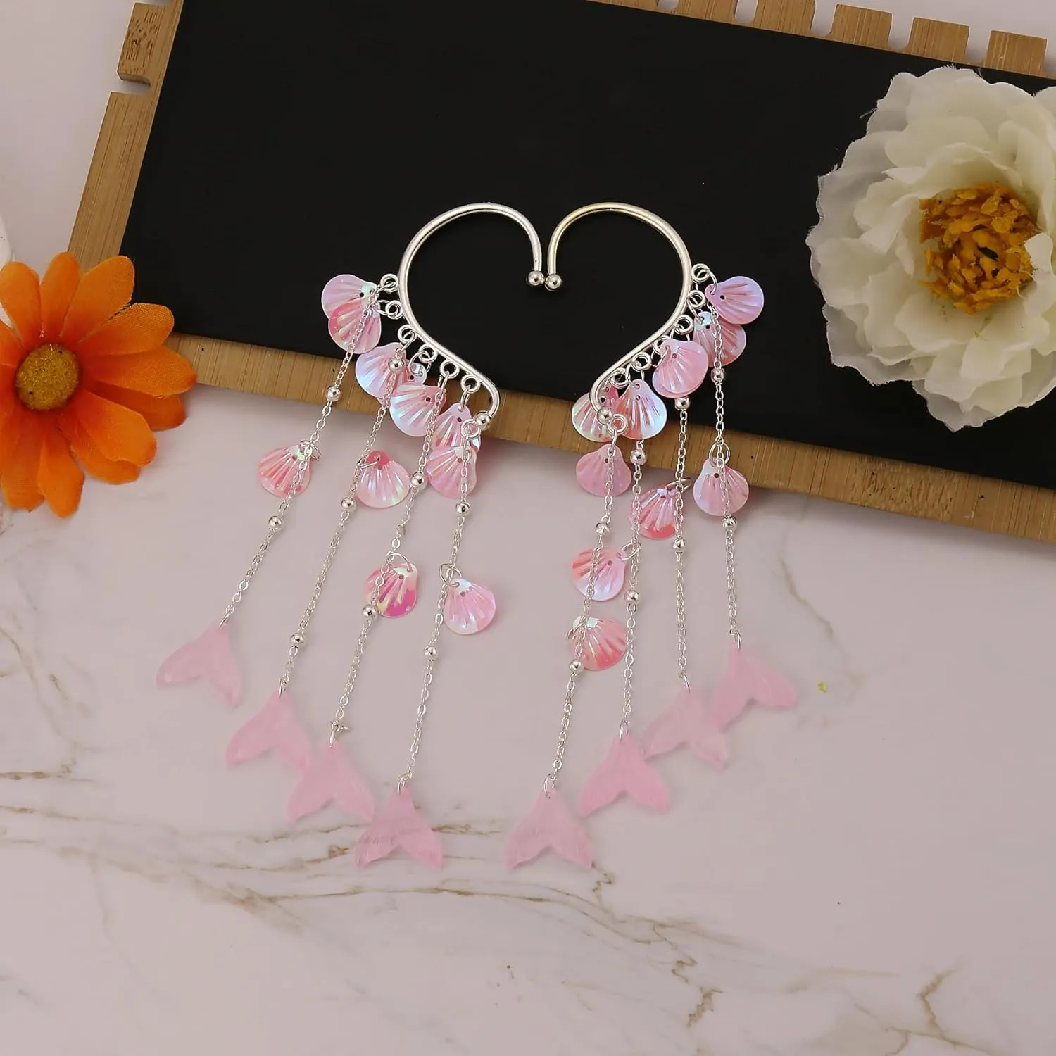 Mermaid Elf Ear Cuffs Earrings Pink Mermaid Ear Cuffs Earrings Pearl Tassel Elven Ear Cuffs Clips No Piercing Mermaid Fairy Earrings Christma Mermaid Costume Cosplay Accessories