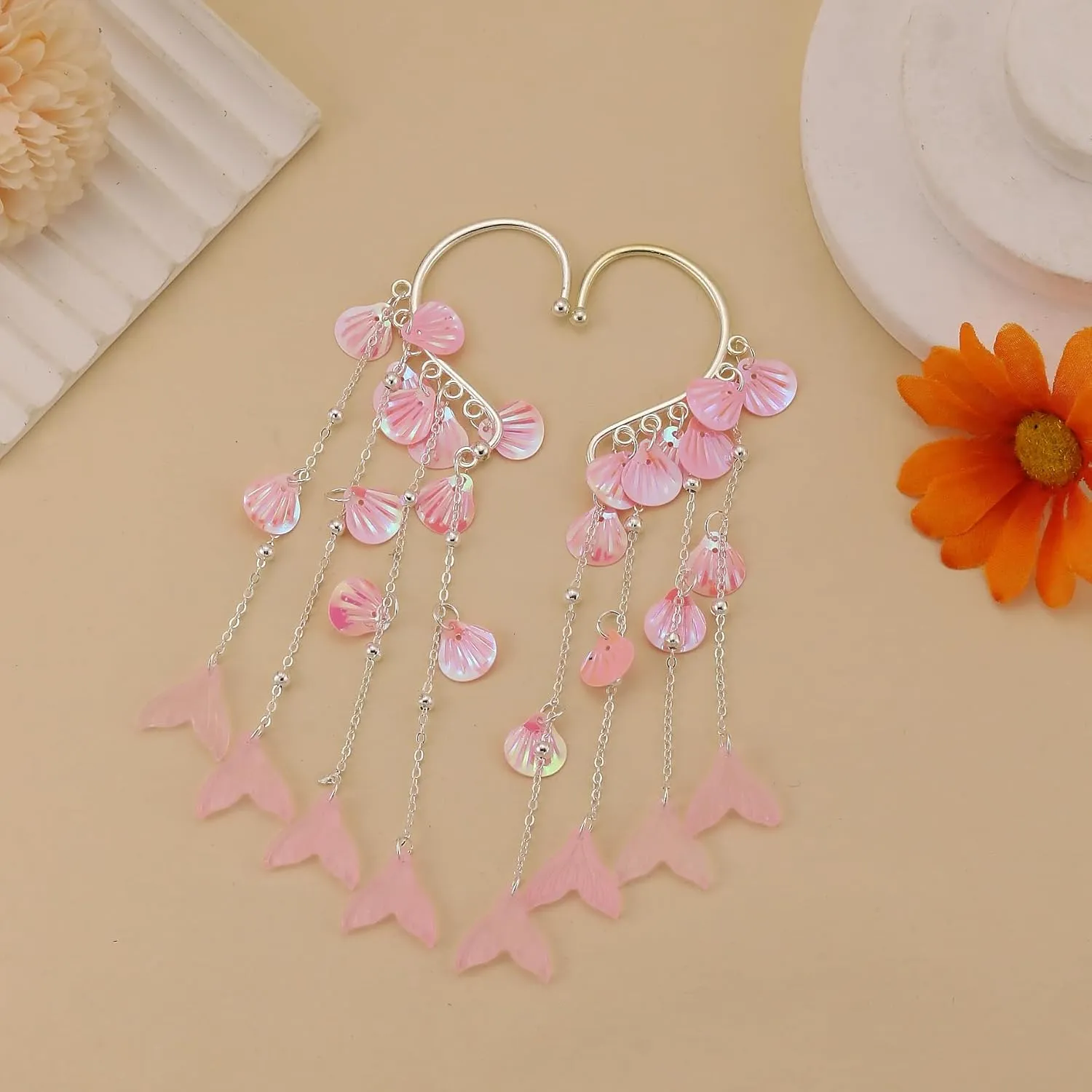 Mermaid Elf Ear Cuffs Earrings Pink Mermaid Ear Cuffs Earrings Pearl Tassel Elven Ear Cuffs Clips No Piercing Mermaid Fairy Earrings Christma Mermaid Costume Cosplay Accessories