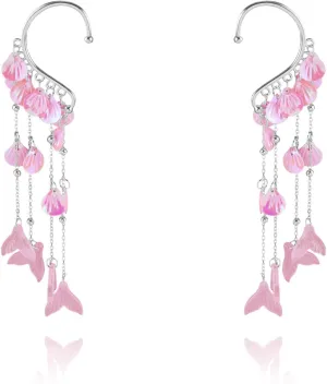 Mermaid Elf Ear Cuffs Earrings Pink Mermaid Ear Cuffs Earrings Pearl Tassel Elven Ear Cuffs Clips No Piercing Mermaid Fairy Earrings Christma Mermaid Costume Cosplay Accessories