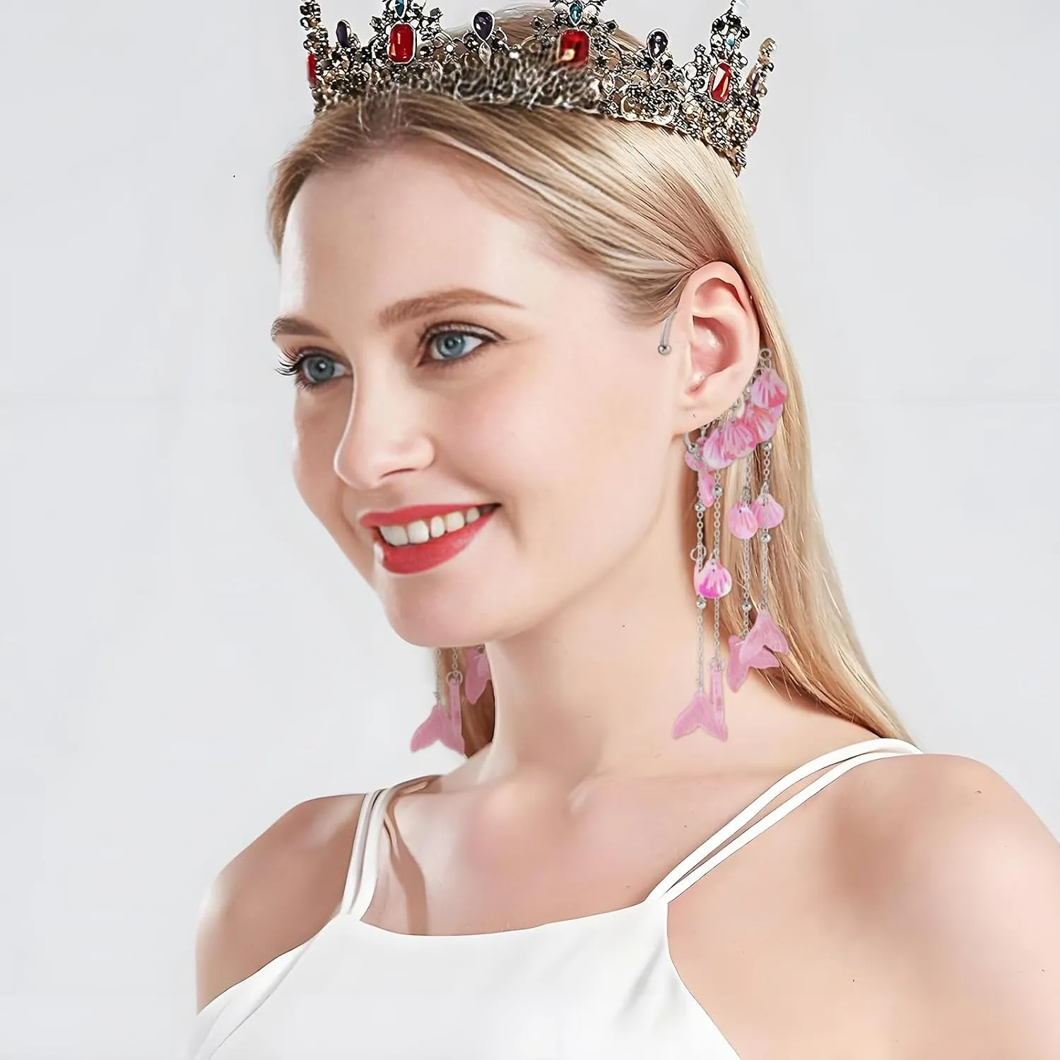 Mermaid Elf Ear Cuffs Earrings Pink Mermaid Ear Cuffs Earrings Pearl Tassel Elven Ear Cuffs Clips No Piercing Mermaid Fairy Earrings Christma Mermaid Costume Cosplay Accessories