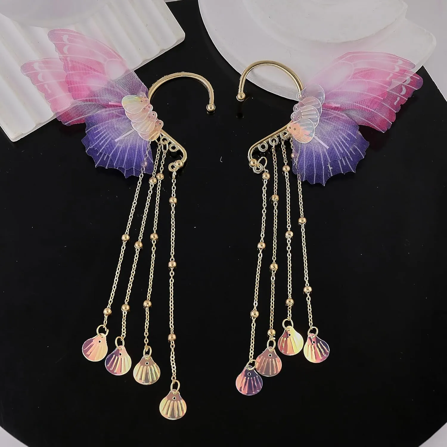 Mermaid Elf Ear Cuffs Earrings Pink Mermaid Ear Cuffs Earrings Pearl Tassel Elven Ear Cuffs Clips No Piercing Mermaid Fairy Earrings Christma Mermaid Costume Cosplay Accessories