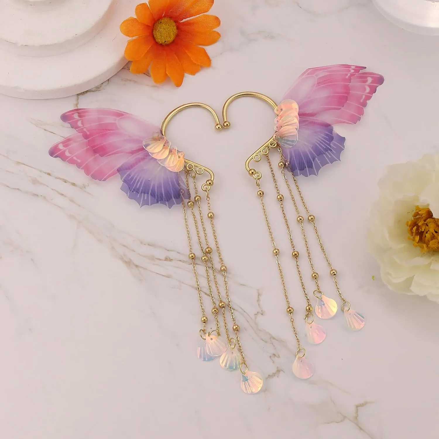 Mermaid Elf Ear Cuffs Earrings Pink Mermaid Ear Cuffs Earrings Pearl Tassel Elven Ear Cuffs Clips No Piercing Mermaid Fairy Earrings Christma Mermaid Costume Cosplay Accessories