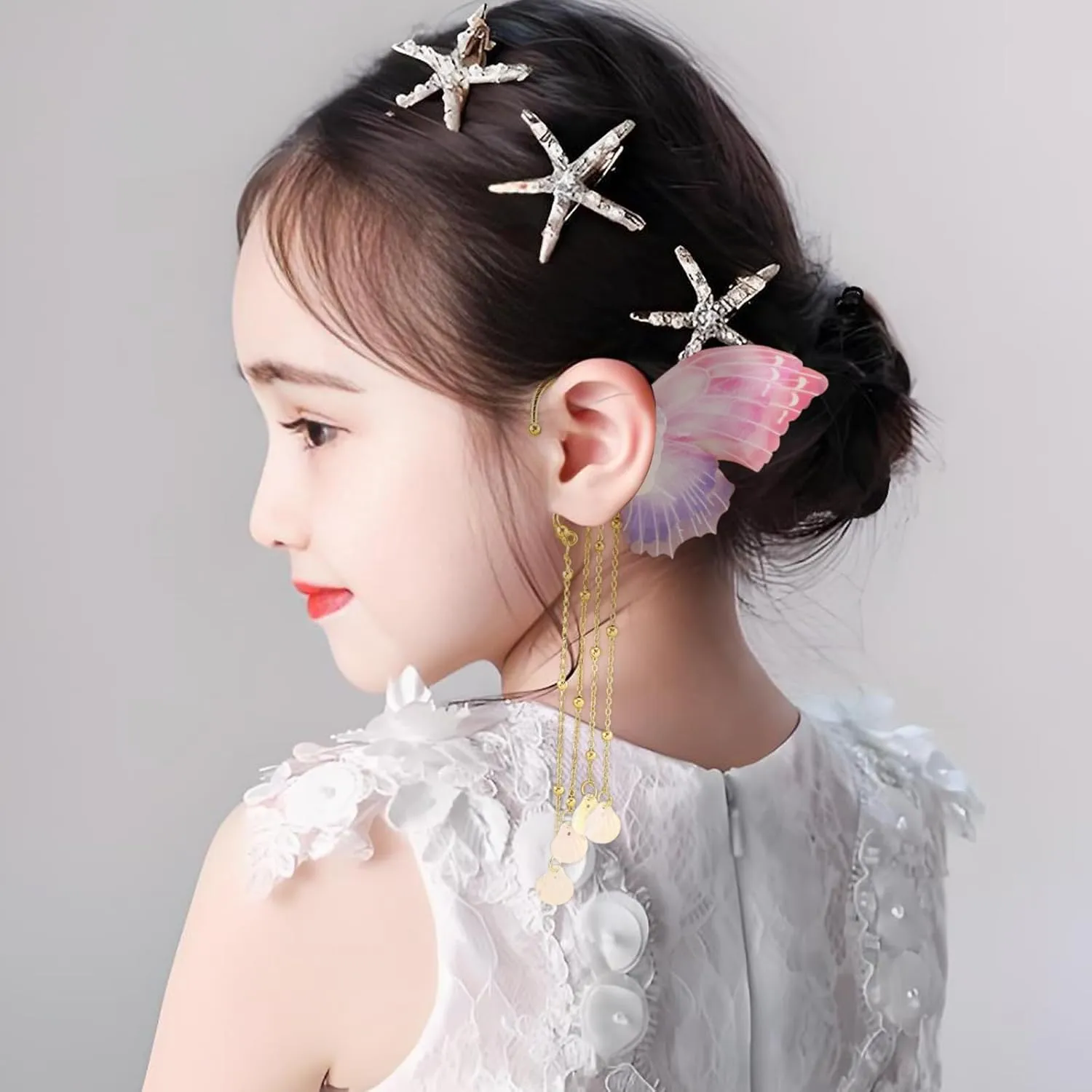 Mermaid Elf Ear Cuffs Earrings Pink Mermaid Ear Cuffs Earrings Pearl Tassel Elven Ear Cuffs Clips No Piercing Mermaid Fairy Earrings Christma Mermaid Costume Cosplay Accessories