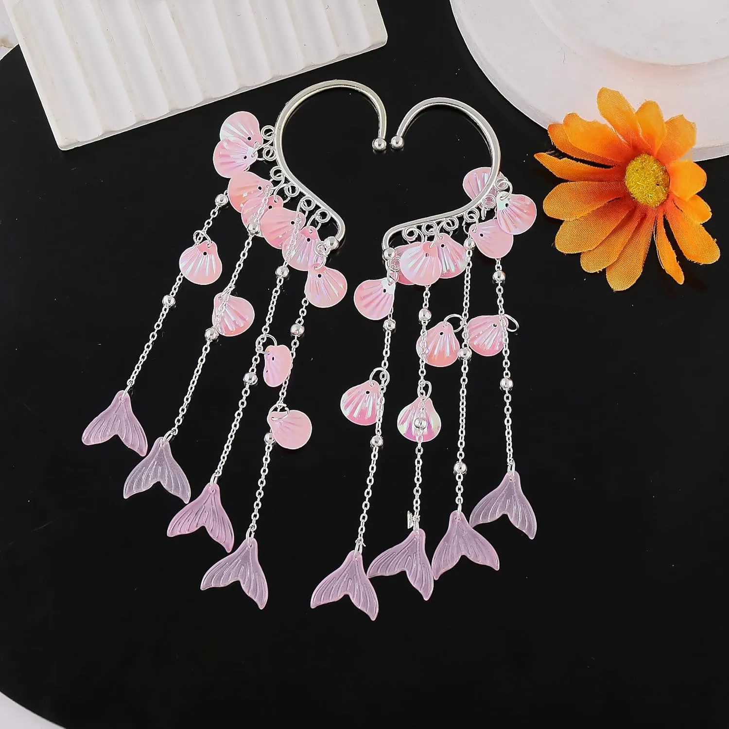 Mermaid Elf Ear Cuffs Earrings Pink Mermaid Ear Cuffs Earrings Pearl Tassel Elven Ear Cuffs Clips No Piercing Mermaid Fairy Earrings Christma Mermaid Costume Cosplay Accessories