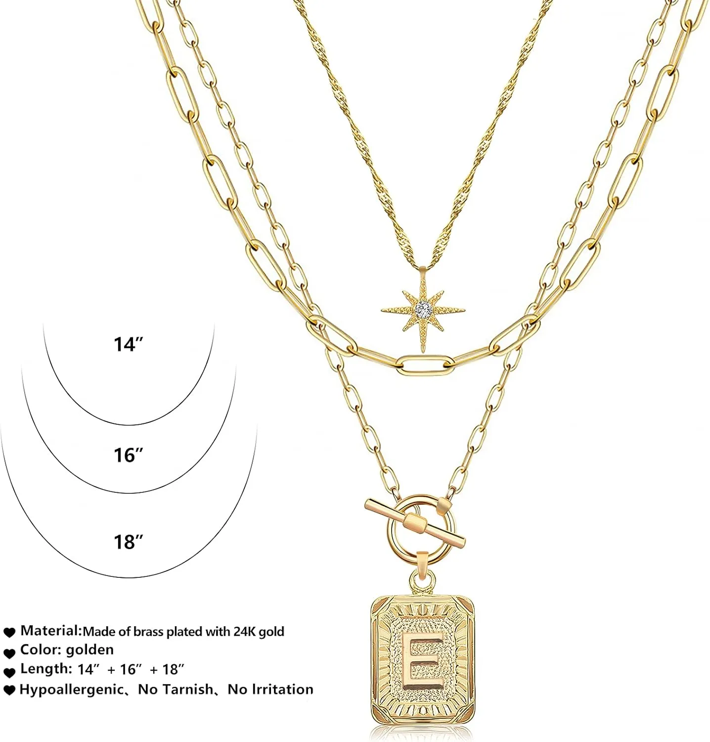 MJartoria Layered Initial Necklaces for Women Trendy, 14K Gold Plated Simple Star Choker Square Letter Pendant Necklace, Paperclip Chain Necklace, Gold Necklaces Jewelry Gifts