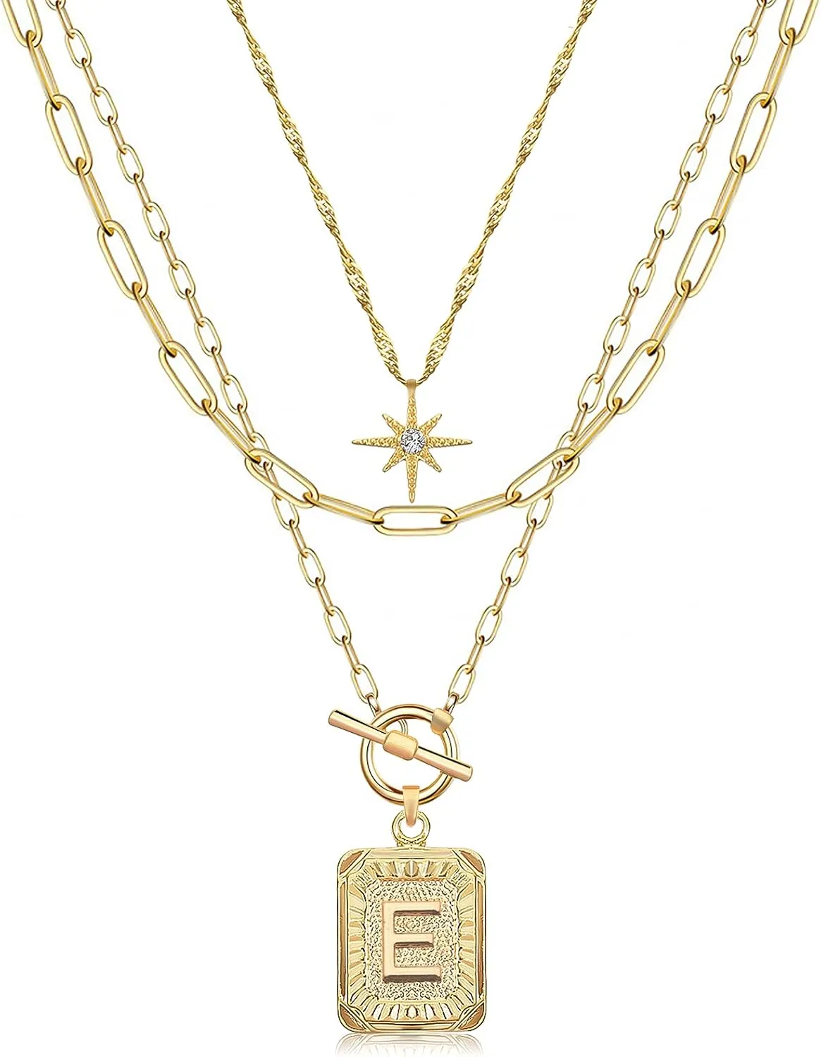 MJartoria Layered Initial Necklaces for Women Trendy, 14K Gold Plated Simple Star Choker Square Letter Pendant Necklace, Paperclip Chain Necklace, Gold Necklaces Jewelry Gifts