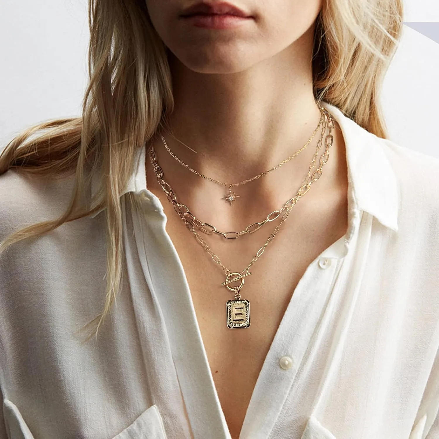 MJartoria Layered Initial Necklaces for Women Trendy, 14K Gold Plated Simple Star Choker Square Letter Pendant Necklace, Paperclip Chain Necklace, Gold Necklaces Jewelry Gifts