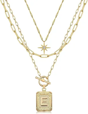 MJartoria Layered Initial Necklaces for Women Trendy, 14K Gold Plated Simple Star Choker Square Letter Pendant Necklace, Paperclip Chain Necklace, Gold Necklaces Jewelry Gifts