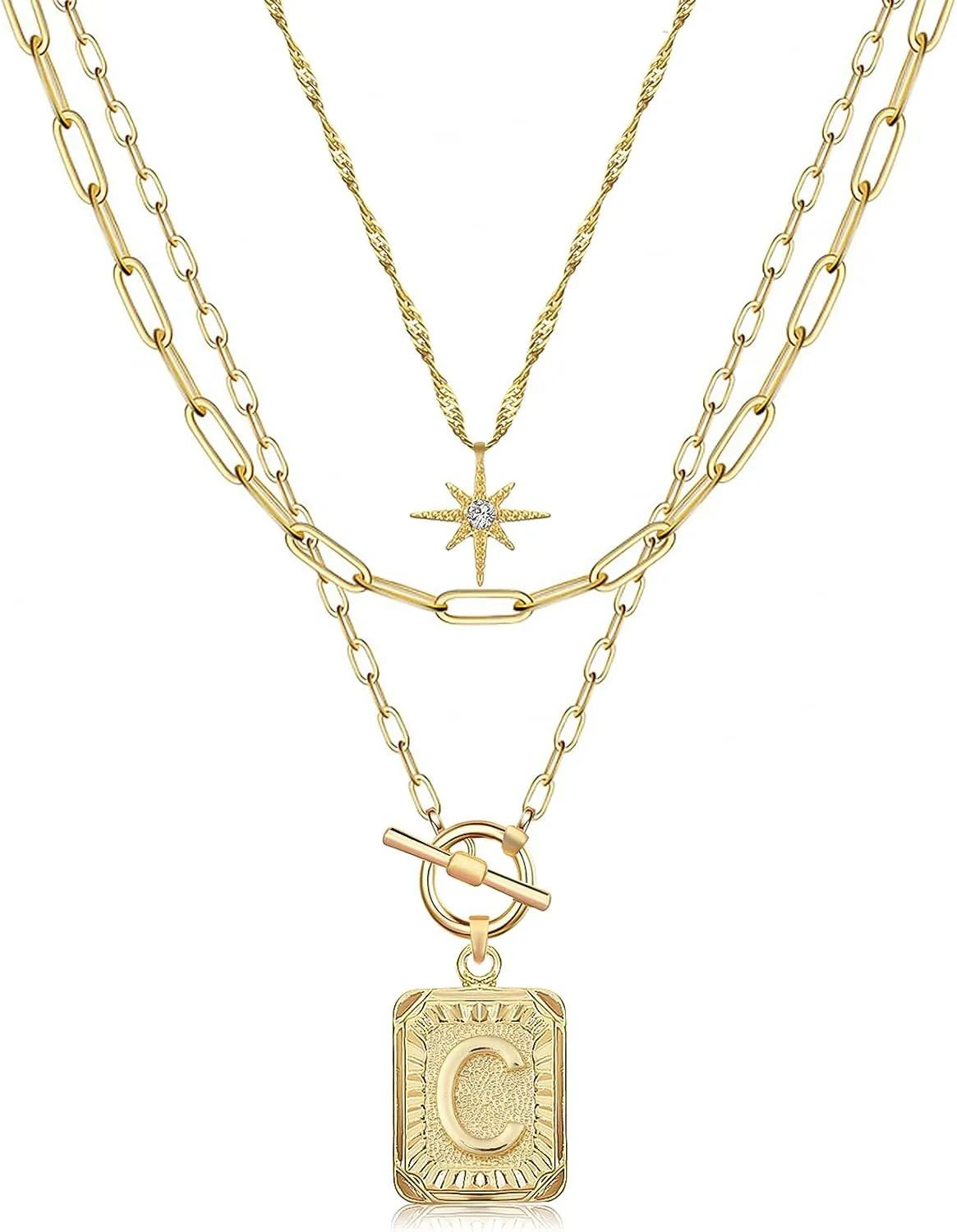 MJartoria Layered Initial Necklaces for Women Trendy, 14K Gold Plated Simple Star Choker Square Letter Pendant Necklace, Paperclip Chain Necklace, Gold Necklaces Jewelry Gifts