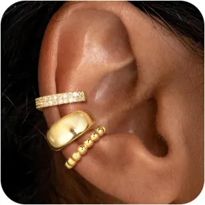 Moodear 3Pcs Chunky/Thin Ear Cuffs Non Piercing for Women - Dainty 14K Gold Plated Cuff Earring Trendy Cubic Zirconia Ear Cuff for Women Cartilage Jewelry Gift