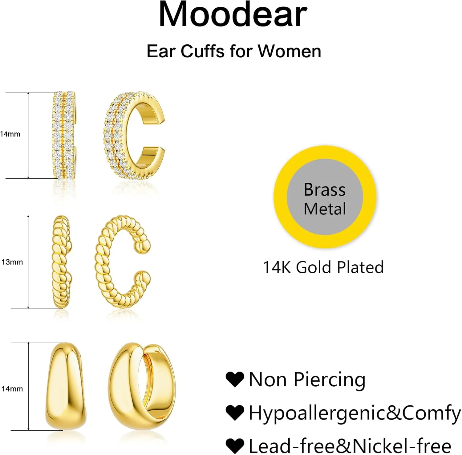 Moodear 3Pcs Chunky/Thin Ear Cuffs Non Piercing for Women - Dainty 14K Gold Plated Cuff Earring Trendy Cubic Zirconia Ear Cuff for Women Cartilage Jewelry Gift