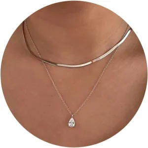 Moodear Silver Layered Herringbone Necklaces for Women Trendy 925 Sterling Silver Necklace Snake Necklace Stack Dainty Zirconia Pendant Necklace Choker Necklaces for Women Jewelry Gifts