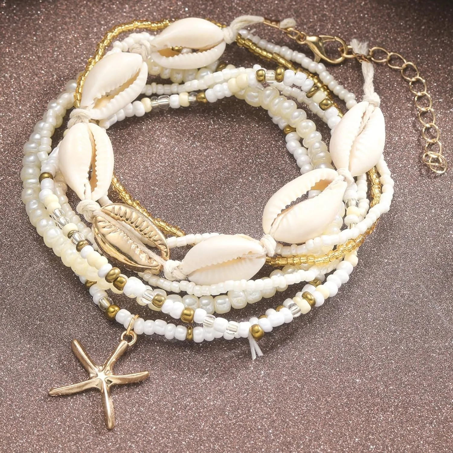 Multilayer Shell Starfish Anklets for Women, Adjustable Boho Beach Beaded Anklet Bracelets Handmade Seashell Gravel Anklet Set Waterproof Foot Jewelry