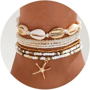 Multilayer Shell Starfish Anklets for Women, Adjustable Boho Beach Beaded Anklet Bracelets Handmade Seashell Gravel Anklet Set Waterproof Foot Jewelry