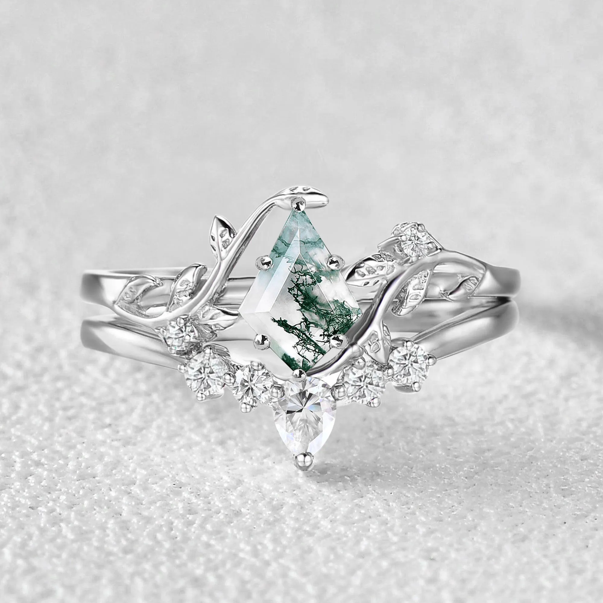 Nature Inspired - Unique Kite Cut Moss Agate Leafy Couple Ring Set 3pcs - Willow