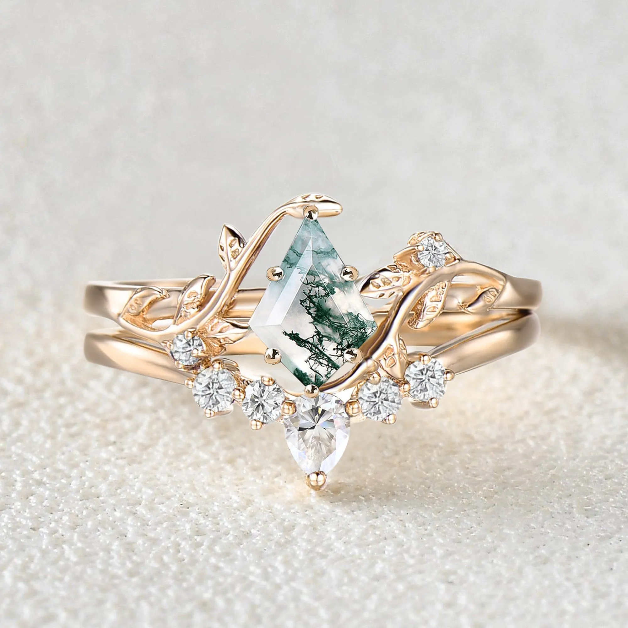 Nature Inspired - Unique Kite Cut Moss Agate Leafy Couple Ring Set 3pcs - Willow