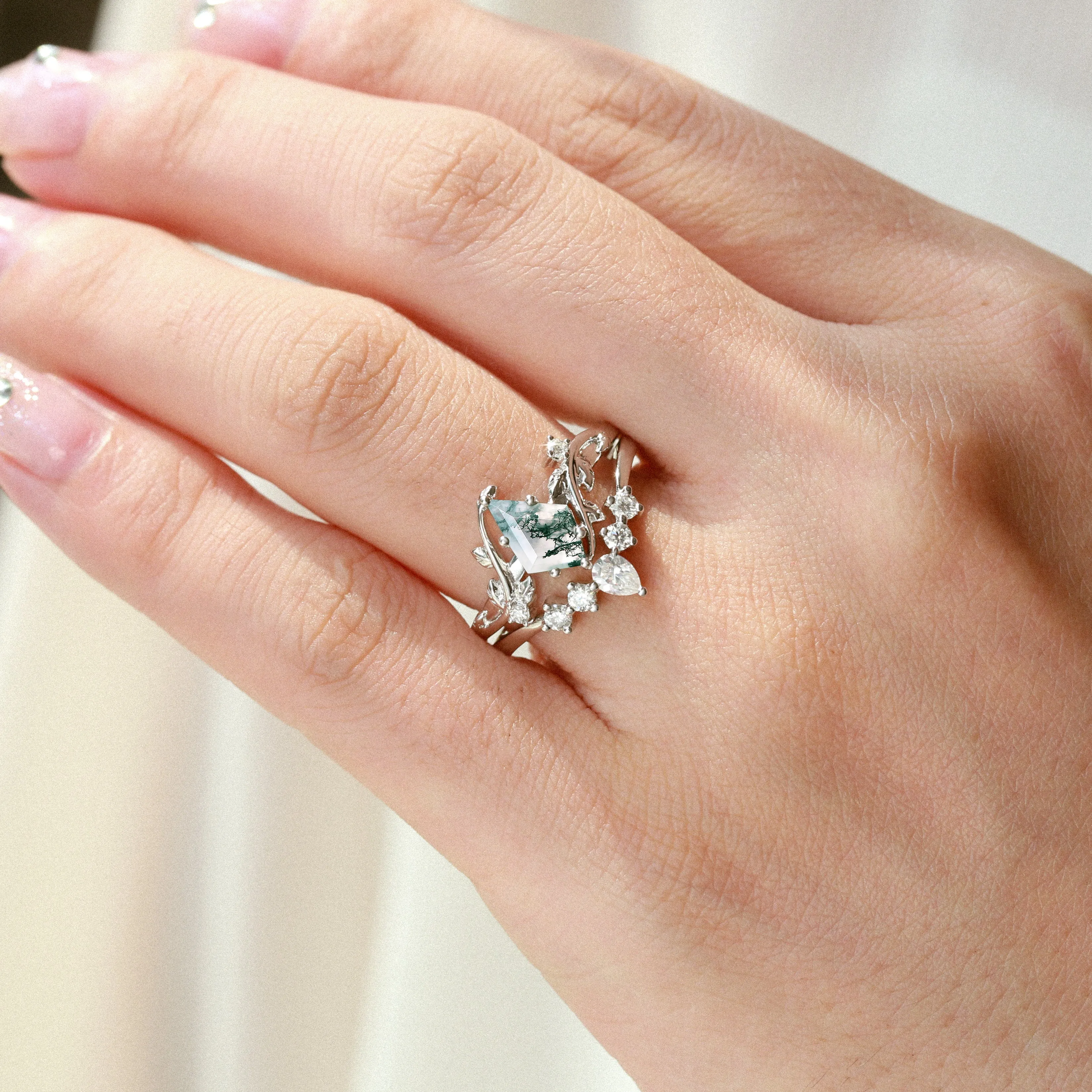 Nature Inspired - Unique Kite Cut Moss Agate Leafy Couple Ring Set 3pcs - Willow
