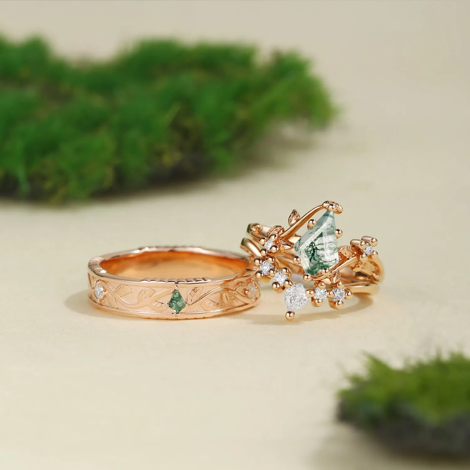 Nature Inspired - Unique Kite Cut Moss Agate Leafy Couple Ring Set 3pcs - Willow