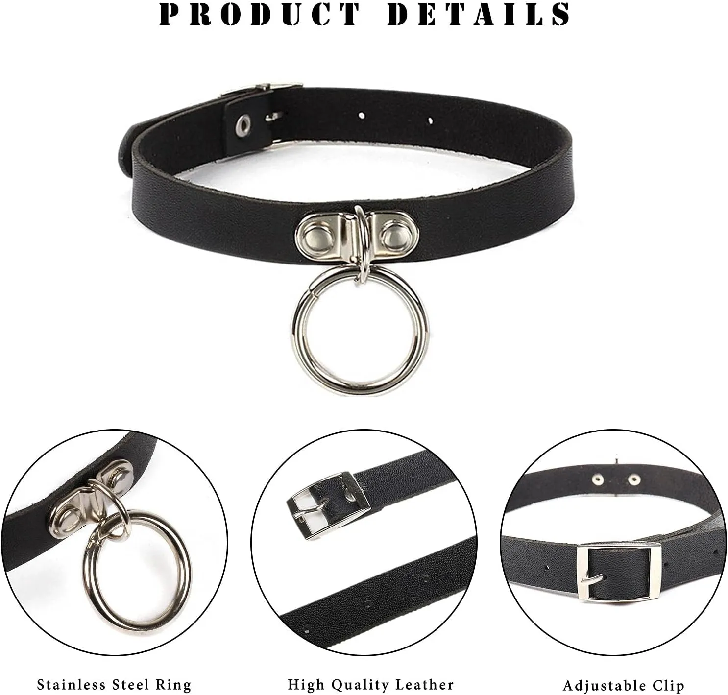 Olbye Black Leather Choker Necklace - Circle Short Necklace With Rivet Studded Spike, Adjustable Punk Design, Gothic Style for Women