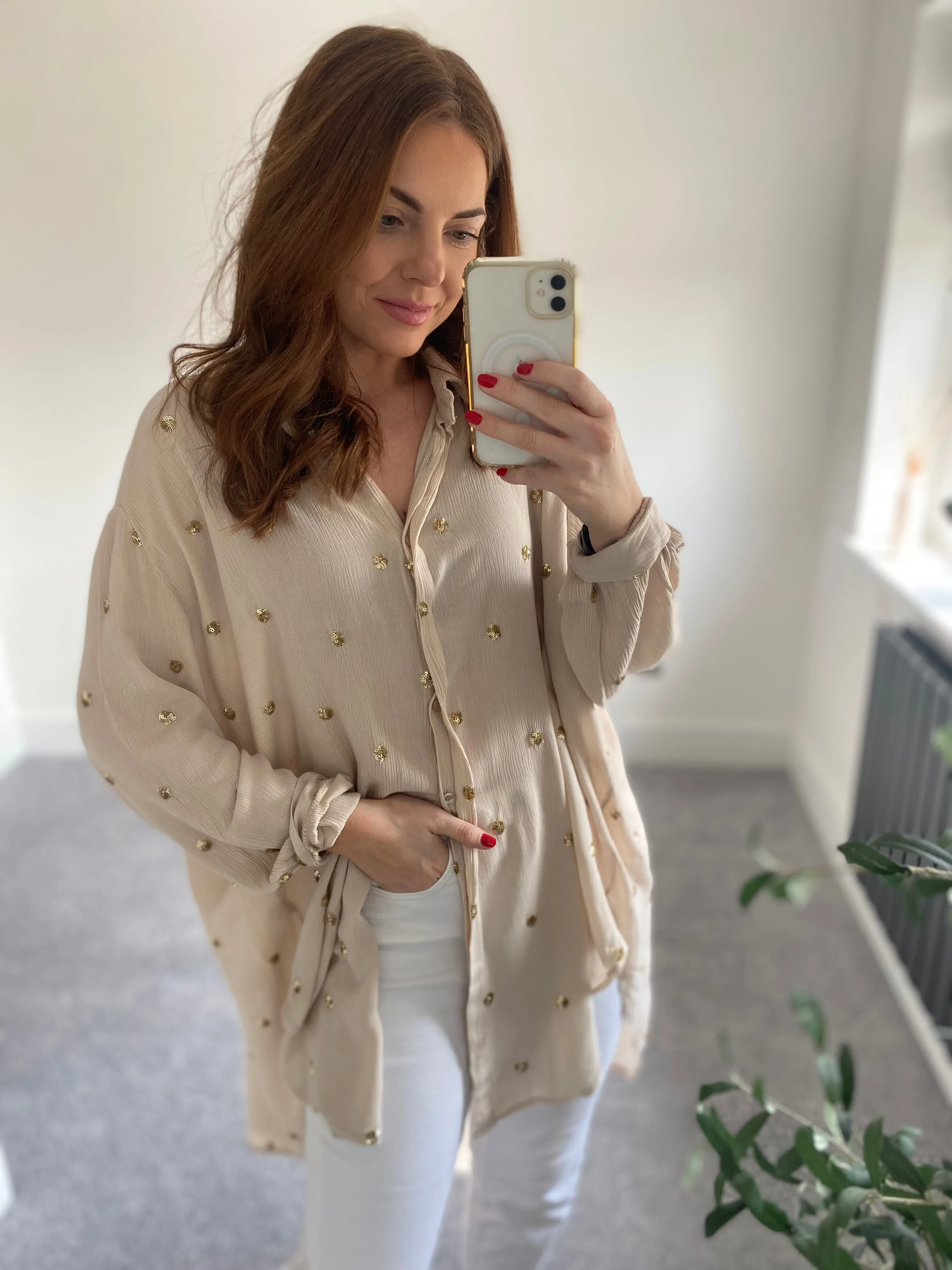 Oversized Spot Sequin Shirt - Stone