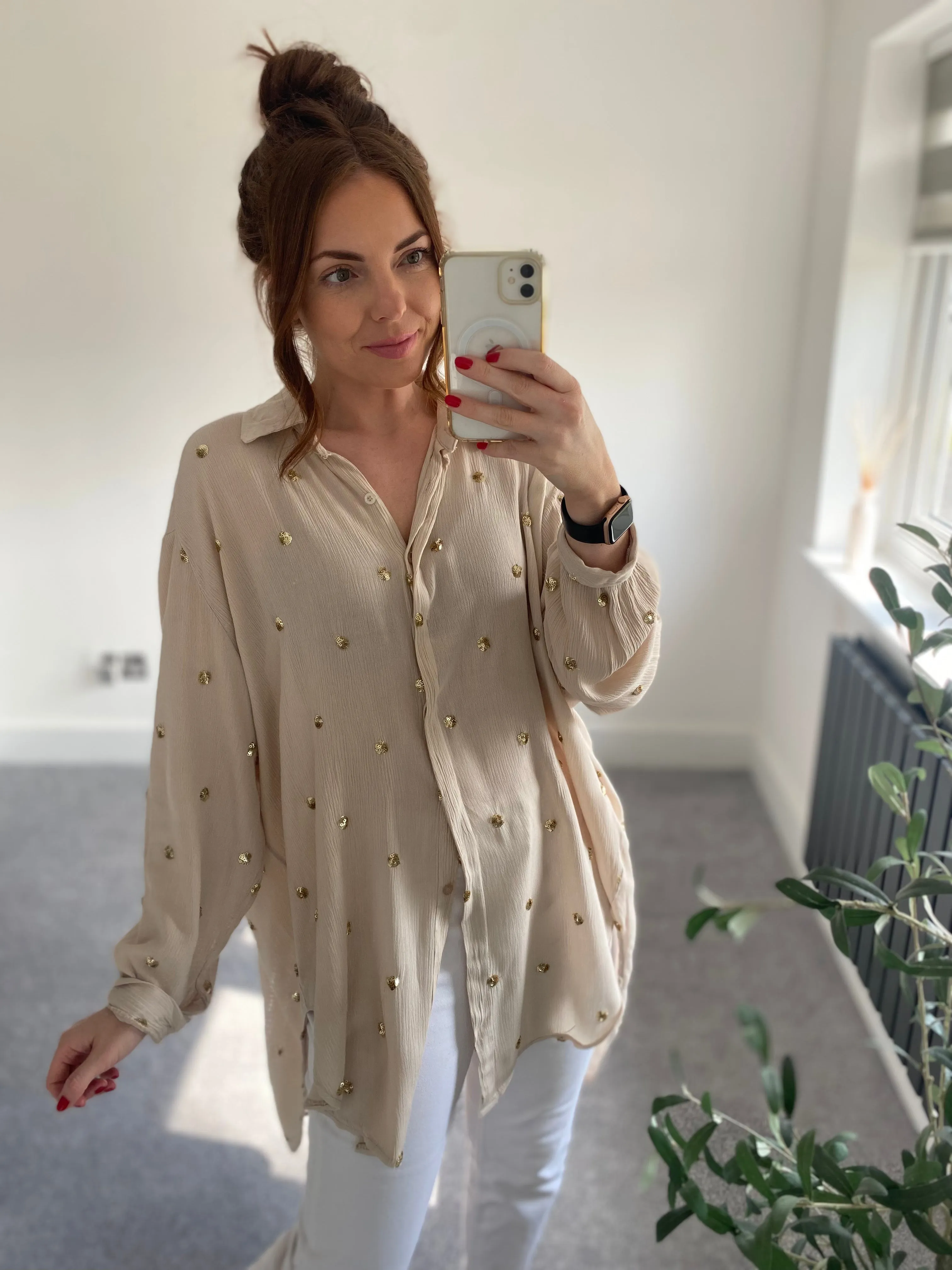Oversized Spot Sequin Shirt - Stone