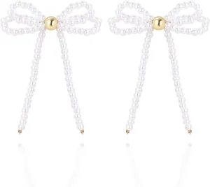 Pearl Bow Earrings for Women Gold Ribbon Knot Dangle Drop Earrings Delicate Daily Dangling Earrings Jewelry Accessories Gift
