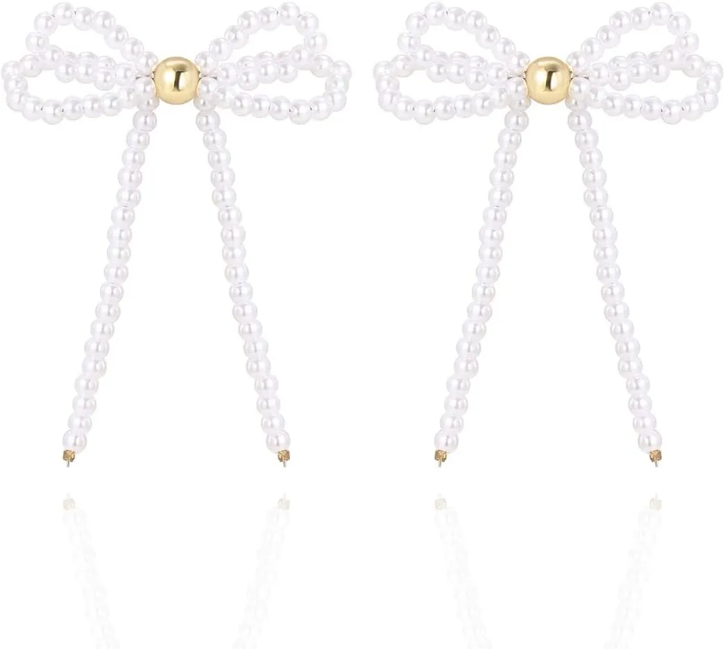 Pearl Bow Earrings for Women Gold Ribbon Knot Dangle Drop Earrings Delicate Daily Dangling Earrings Jewelry Accessories Gift