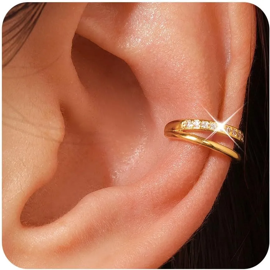 PLOMFOV Ear Cuff Earrings for Women Ear Cuffs Non Piercing 14K Gold Filled Gold Clip on Cartilage Fake Earrings Trendy Chunky/Thin Earring Cuff Single Double Line CZ